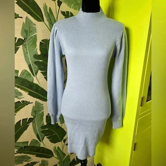 Boutique Women’s Blue Ribbed Mock Neck Long Sleeve Sweater dress L fits M best - Picture 3 of 6